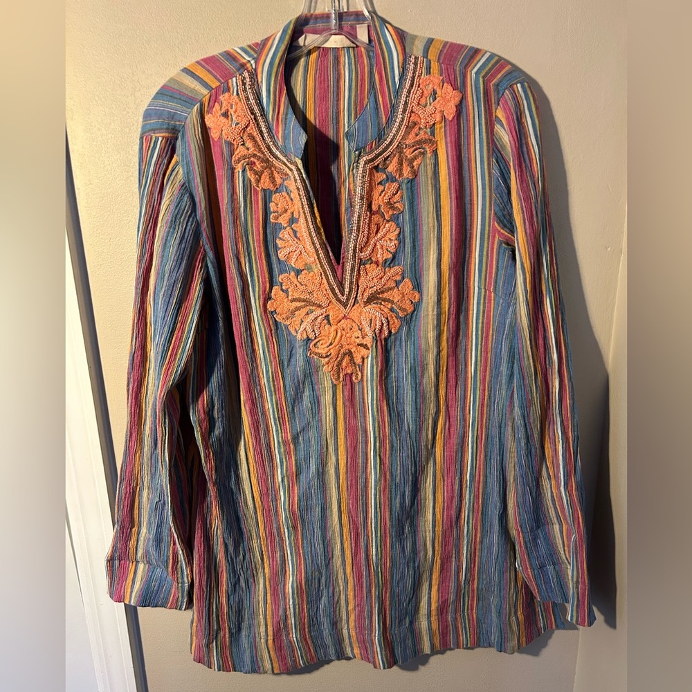 SOFT SURROUNDINGS STRIPED TURIN TUNIC TOP WITH EMBROIDERED NECKLINE SIZE SMALL